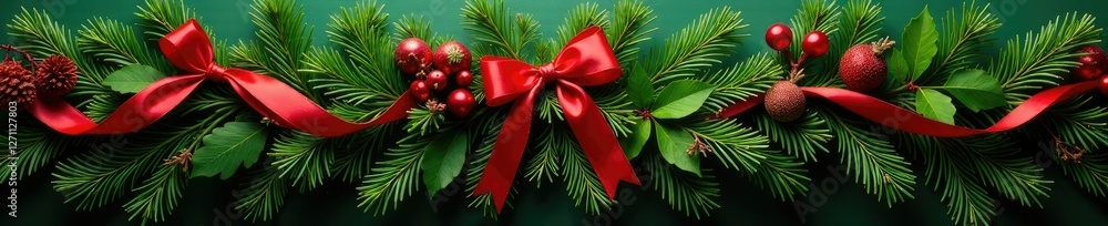 Evergreen branches intertwined with red ribbons tied at top, greenery, seasonal Evergreen branches intertwined with red ribbons tied at top, greenery, seasonal
