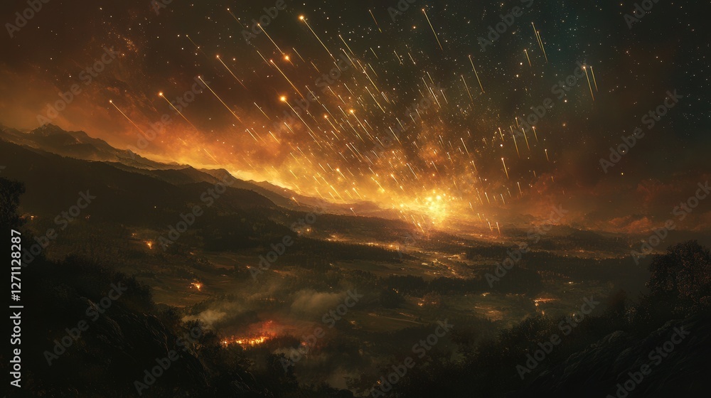 Fototapeta premium meteor shower illuminating the dark sky, with dozens of streaking meteors radiating from a single point