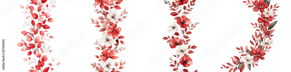 Fototapeta premium Vibrant and Lush Floral Pattern with Blooming Red Pink and White Flowers Leaves and Foliage Beautiful Botanical for Nature Garden or Spring Themed Designs
