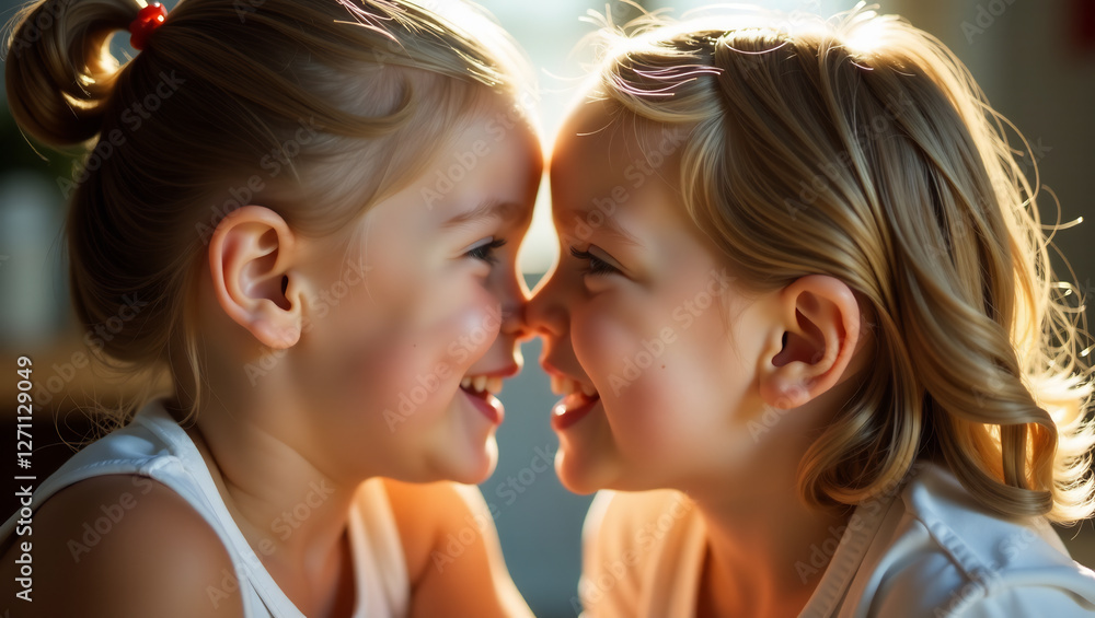 Two siblings sharing a secret, whispering to each other with mischievous smiles, their faces close together. Two siblings sharing a secret, whispering to each other with mischievous smiles, their faces close together.
