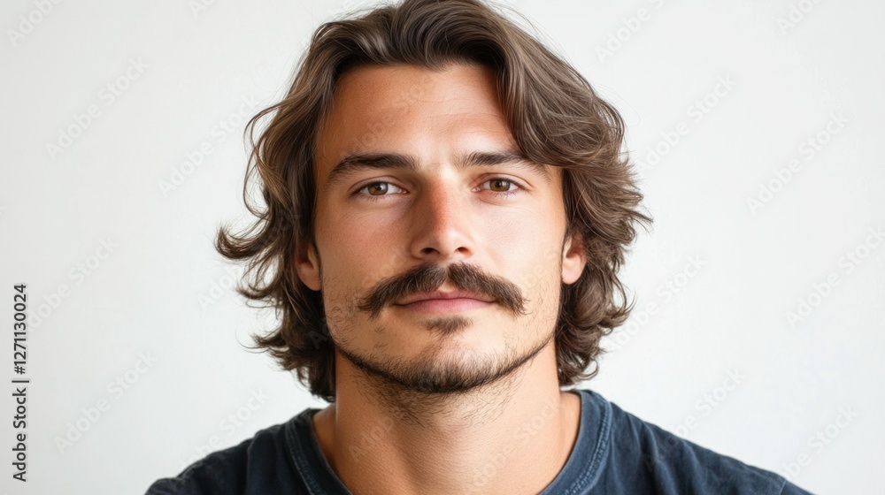 Portrait of a man with shoulder-length hair and a neatly trimmed mustache, isolated on a white background, showcasing a vintage-inspired style.