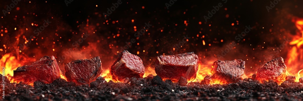 Fiery Grill: Steaks and Embers - Sizzling steaks on glowing coals, fiery flames, intense heat, delicious barbecue, summer grilling Fiery Grill: Steaks and Embers - Sizzling steaks on glowing coals, fiery flames, intense heat, delicious barbecue, summer grilling