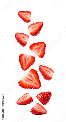 strawberry pieces falling down PNG. Fresh strawberry slices falling mid-air with vibrant red color isolated. strawberry png. strawberries png. Sliced strawberries floating and falling naturally png