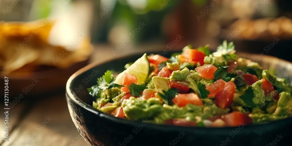 Fresh guacamole with lime and tomato garnish Fresh guacamole with lime and tomato garnish