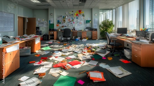 Messy Office Room with Scattered Papers and Documents