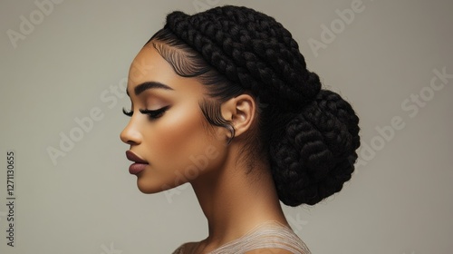 Side view of a Black woman with cornrow braids styled into an elegant updo, wearing natural makeup, standing in a studio with a neutral gray backdrop, showcasing healthy hair care.