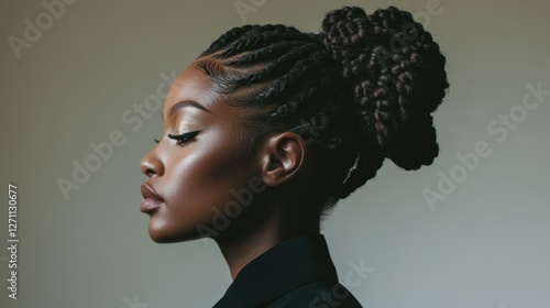 Side view of a Black woman with cornrow braids styled into an elegant updo, wearing natural makeup, standing in a studio with a neutral gray backdrop, showcasing healthy hair care.