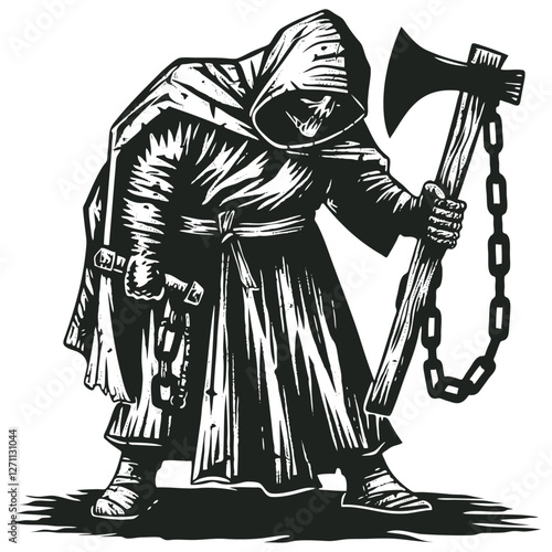 Vector illustration of a menacing hooded figure wielding an axe and chains.  Dark and gritty style, perfect for horror, fantasy, or medieval themed projects.