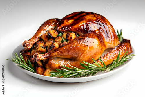 Roasted turkey centerpiece, stuffing, herbs, on white plate. Holiday concept