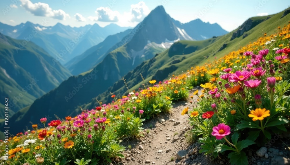 Obraz premium Alpine wildflowers in full bloom on a mountain slope, dirt path, mountain