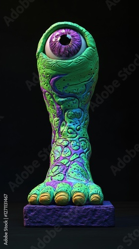 Surreal Green Foot Sculpture with a Giant Eye