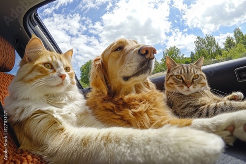 Three pets sitting together in the back seat of a car