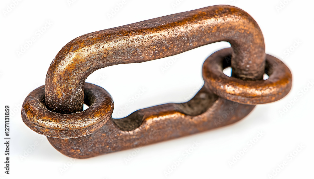 Rusty metal link on a white surface. Close-up for strength and durability theme Rusty metal link on a white surface. Close-up for strength and durability theme