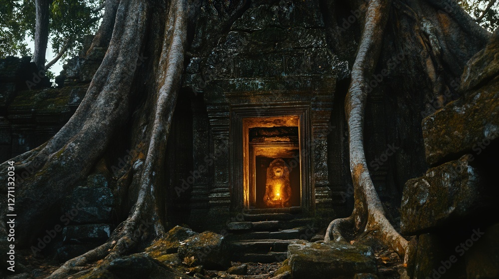 ancient temple hidden inside a massive tree with glowing roots. ancient temple hidden inside a massive tree with glowing roots.