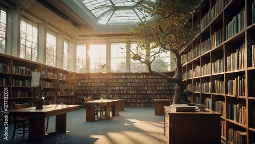 Wallpaper Mural Serene library, with knowledge trees flourishing and birds transporting books as symbols of a future filled with learning Torontodigital.ca