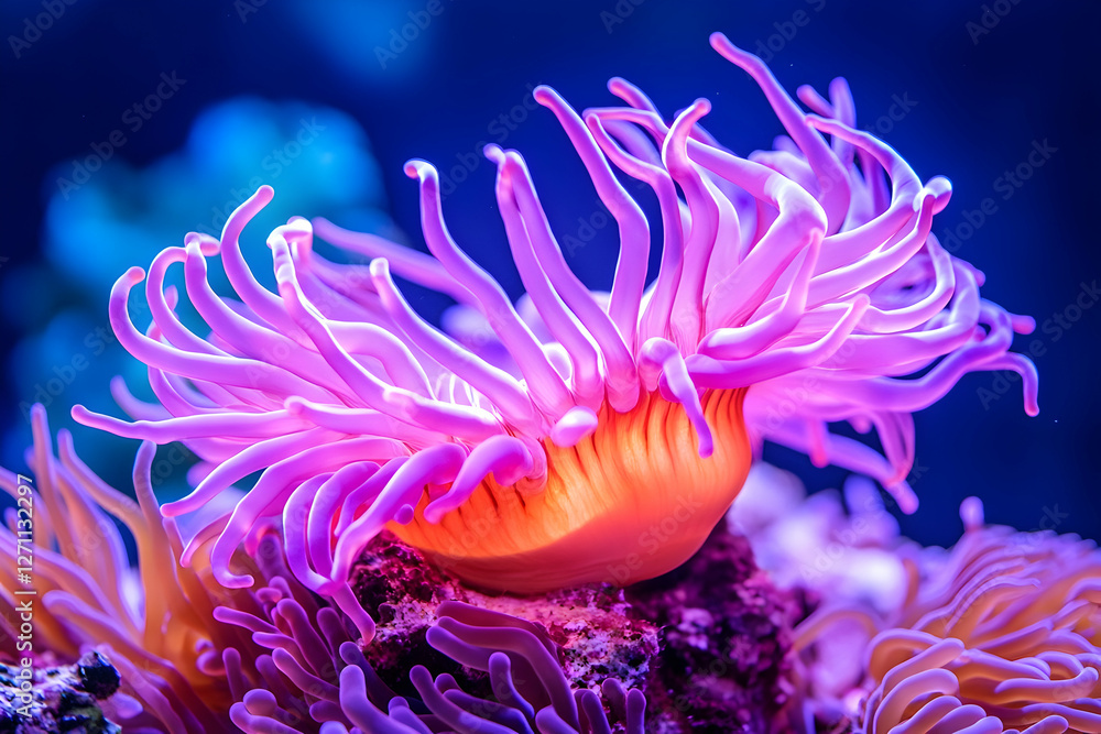 Fototapeta premium Sea anemone glows in aquarium with blue background. Education or wallpaper use