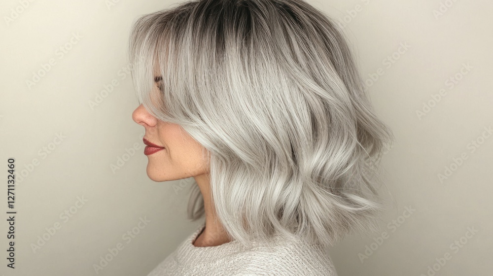 Side view of a woman with silver-gray hair styled in a layered shag cut, with soft waves adding volume and texture, standing against a neutral beige backdrop.