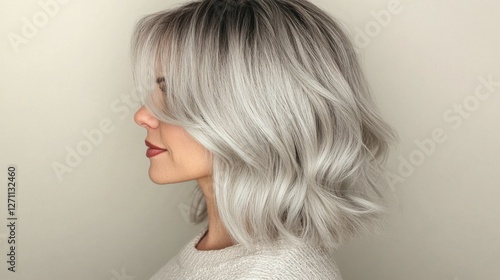 Obraz na płótnie Side view of a woman with silver-gray hair styled in a layered shag cut, with soft waves adding volume and texture, standing against a neutral beige backdrop. w salonie