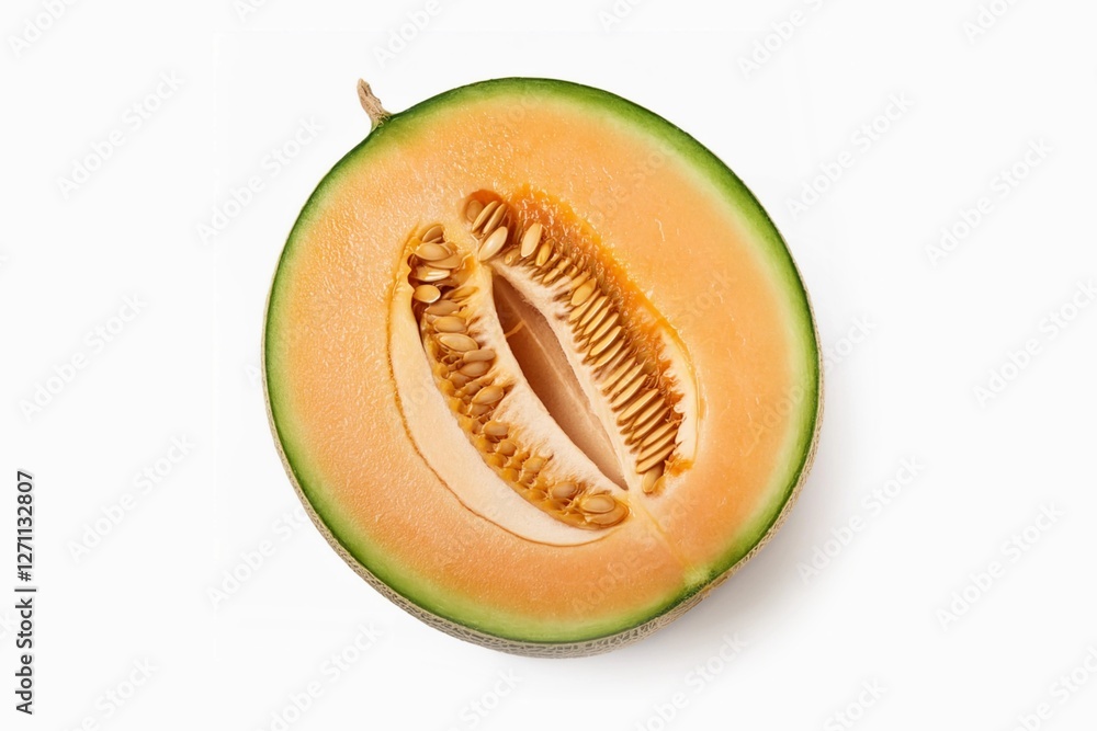 Half cut of melon fruit isolated on white background with clapping path full of depth of field. Top view, flat lay. Half cut of melon fruit isolated on white background with clapping path full of depth of field. Top view, flat lay.