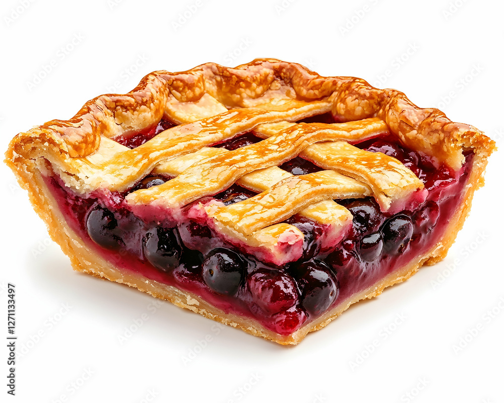 Slice of blueberry pie is served on white background for holiday dessert use Slice of blueberry pie is served on white background for holiday dessert use