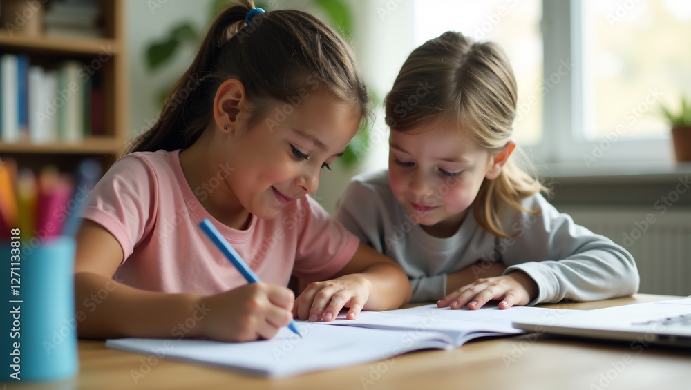 Siblings helping each other with homework or a school project, demonstrating a supportive and encouraging dynamic. Siblings helping each other with homework or a school project, demonstrating a supportive and encouraging dynamic.