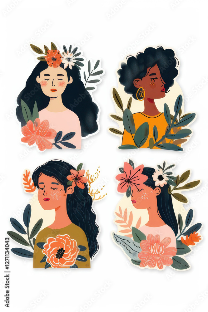 Stickers of women with floral accessories and hats, showcasing diverse fashion styles, beauty, and femininity.