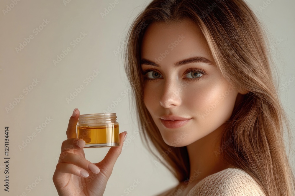 Fototapeta premium A beautiful young woman holds a jar of honey