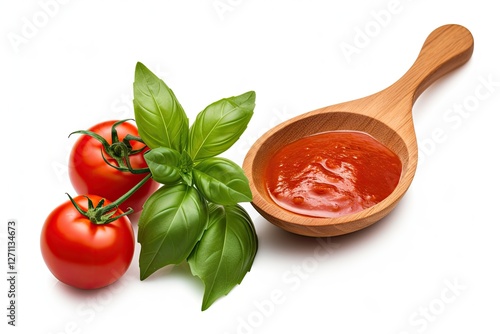 Tomato sauce spoon featuring tomatoes and basil is seen on a white wooden background