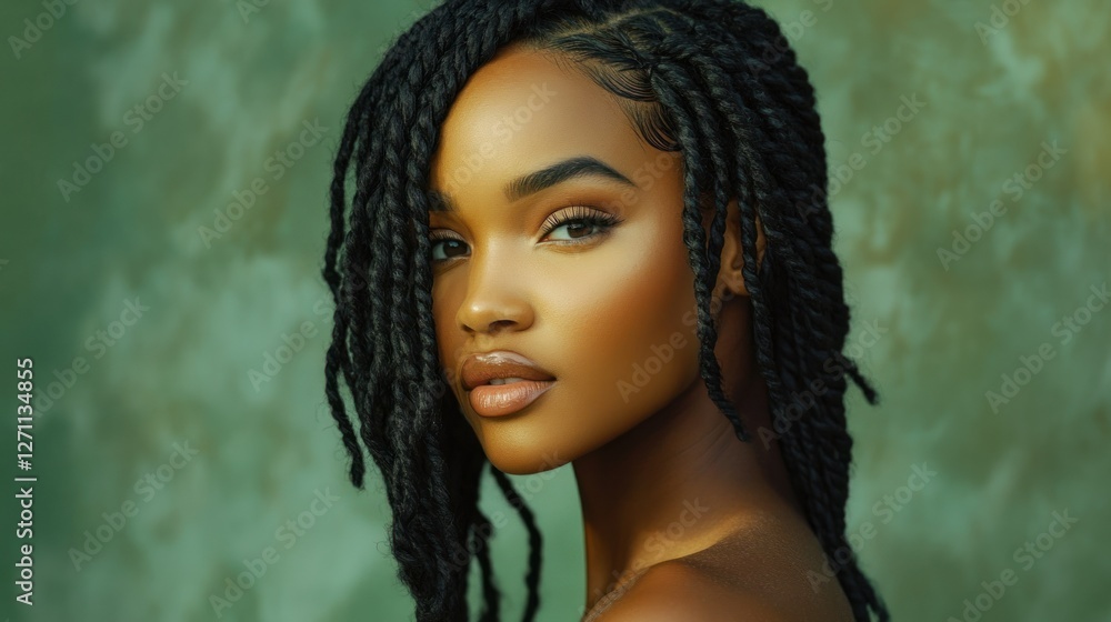 Studio portrait of a Black woman with chunky Marley twists styled into a side-swept look, wearing soft makeup, standing against a soft green backdrop, celebrating natural beauty and hair versatility.