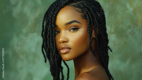 Obraz na płótnie Studio portrait of a Black woman with chunky Marley twists styled into a side-swept look, wearing soft makeup, standing against a soft green backdrop, celebrating natural beauty and hair versatility. w salonie