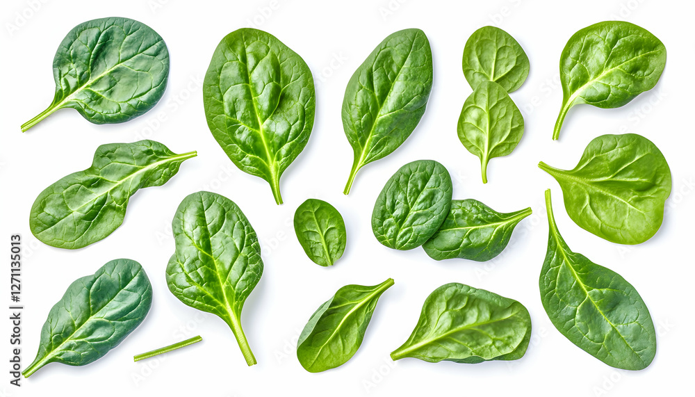 Spinach leaves isolated, ingredient use, on white background. Fresh leaves around Spinach leaves isolated, ingredient use, on white background. Fresh leaves around