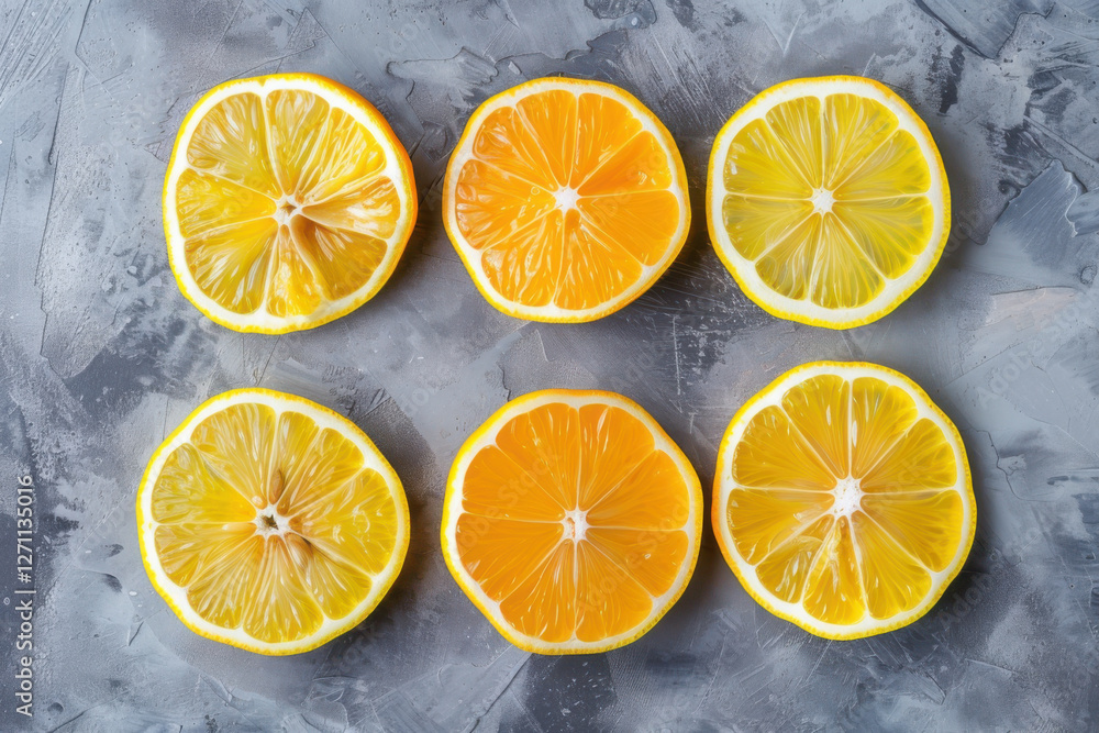 Obraz premium A vibrant, flat-lay composition of sliced lemons arranged on a gray background, showcasing freshness and simplicity.