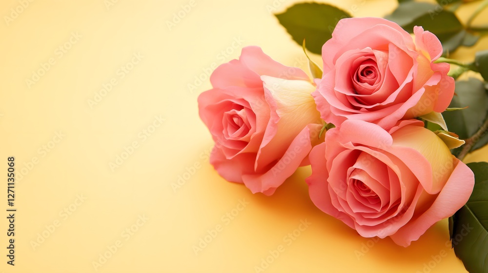 Pink roses on the right side of a yellow background, Generative AI Pink roses on the right side of a yellow background, Generative AI