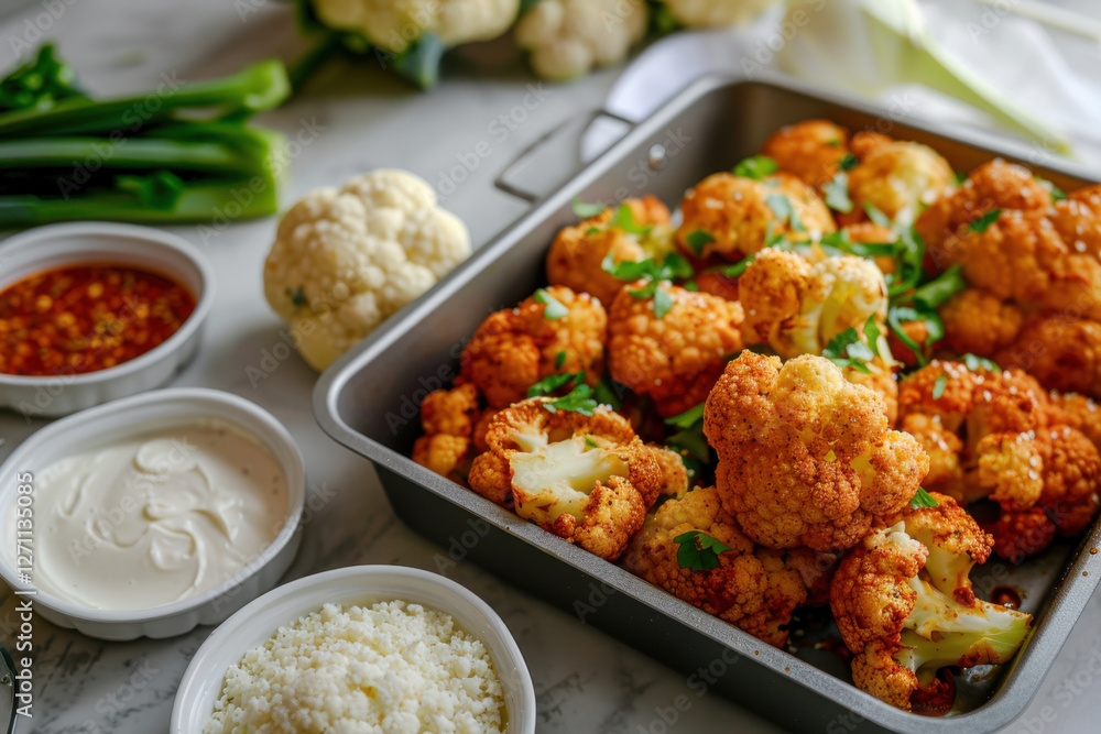 A vibrant preparation of roasted cauliflower with fresh herbs and garlic, surrounded by various ingredients in a kitchen. A vibrant preparation of roasted cauliflower with fresh herbs and garlic, surrounded by various ingredients in a kitchen.