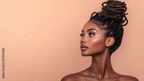 Studio portrait of a Black woman with twisted faux locs styled in a messy bun, wearing natural makeup, standing against a soft peach background, showcasing low-maintenance beauty
