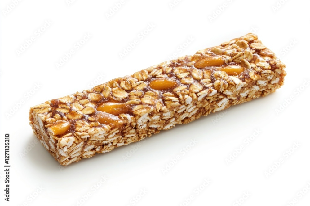 A detailed view of a granola bar on a white surface, perfect for food or health-related uses A detailed view of a granola bar on a white surface, perfect for food or health-related uses