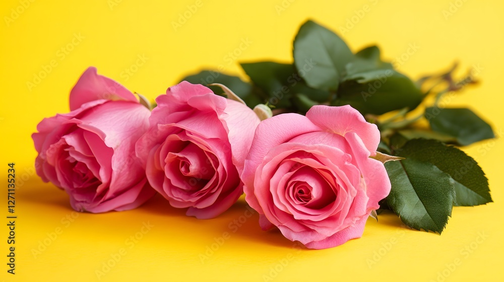 Pink roses on the right side of a yellow background, Generative AI Pink roses on the right side of a yellow background, Generative AI