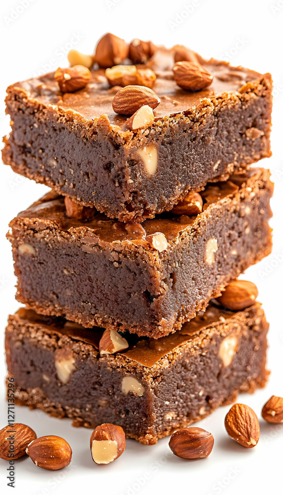 Stack of brownies with nuts on white background, food photography, advertisement Stack of brownies with nuts on white background, food photography, advertisement