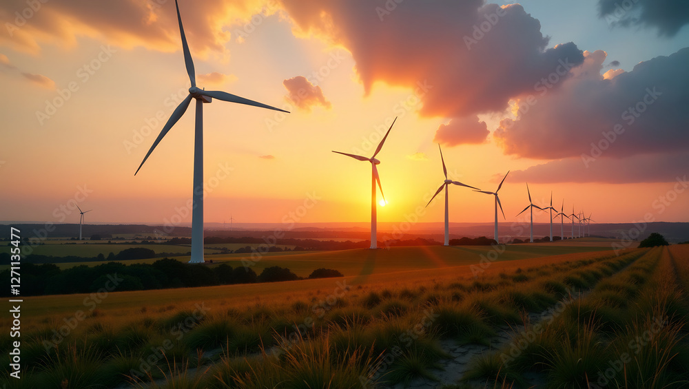 Obraz premium An image of a wind turbine farm generating clean energy, with a beautiful sunset in the background.