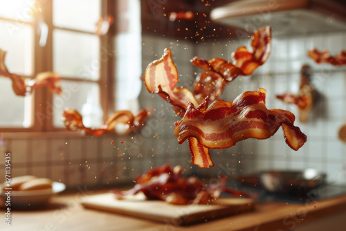 Crispy bacon slices floating in mid-air inside a sunlit kitchen, showcasing rich textures and mouthwatering aroma. photo