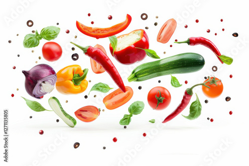 A vibrant assortment of fresh vegetables and herbs floating in mid-air, showcasing healthy ingredients against a white background.