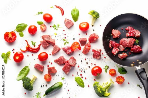 A dynamic scene of fresh meat and vegetables, including peppers and onions, floating above a frying pan, ready for cooking.