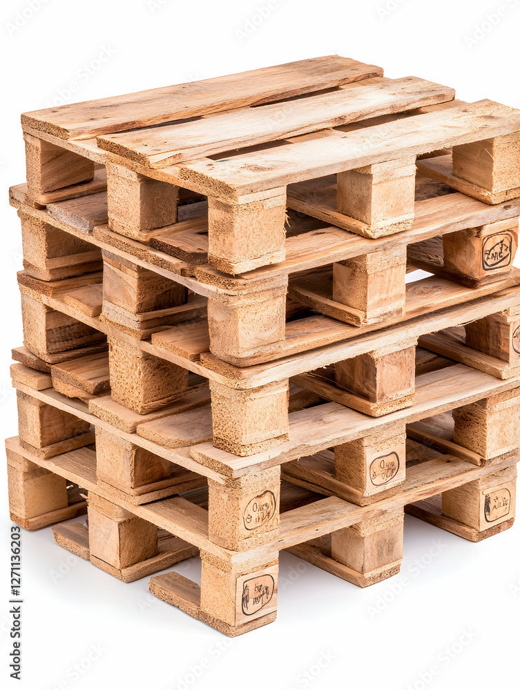 Stack of wooden pallets against a white background, for shipping or reuse Stack of wooden pallets against a white background, for shipping or reuse