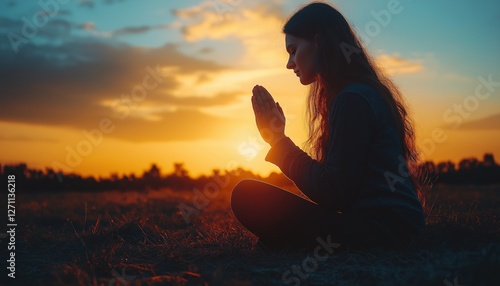 Christian Woman in Prayer at Sunset - Spiritual Reflection Hope