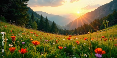 Wildflowers in a forest meadow under the warm Polish Tatra sun, sunlight, mountains