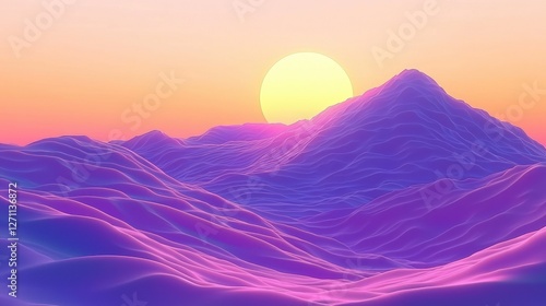 Sunset over purple hills, serene landscape, digital art, website background