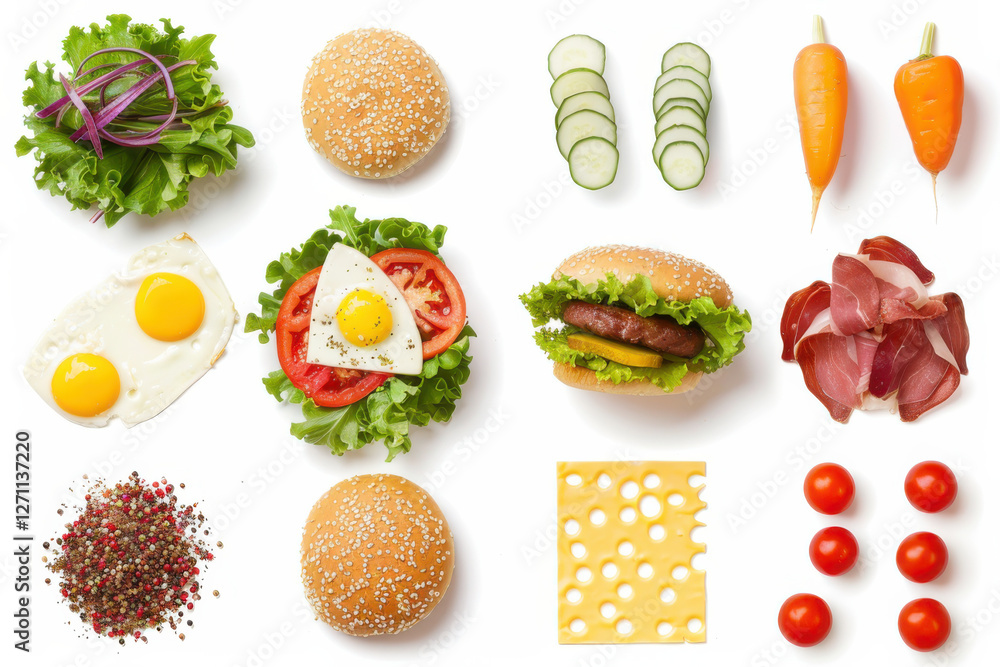 Fototapeta premium Fresh ingredients for making a gourmet burger, including lettuce, tomato, cheese, onion, and cured meat.