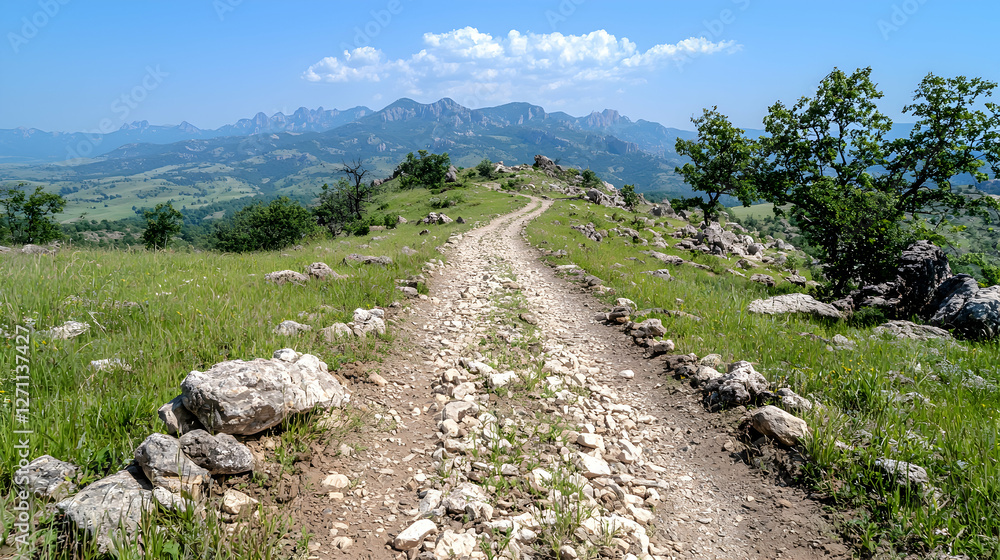Mountain road winding uphill, scenic vista