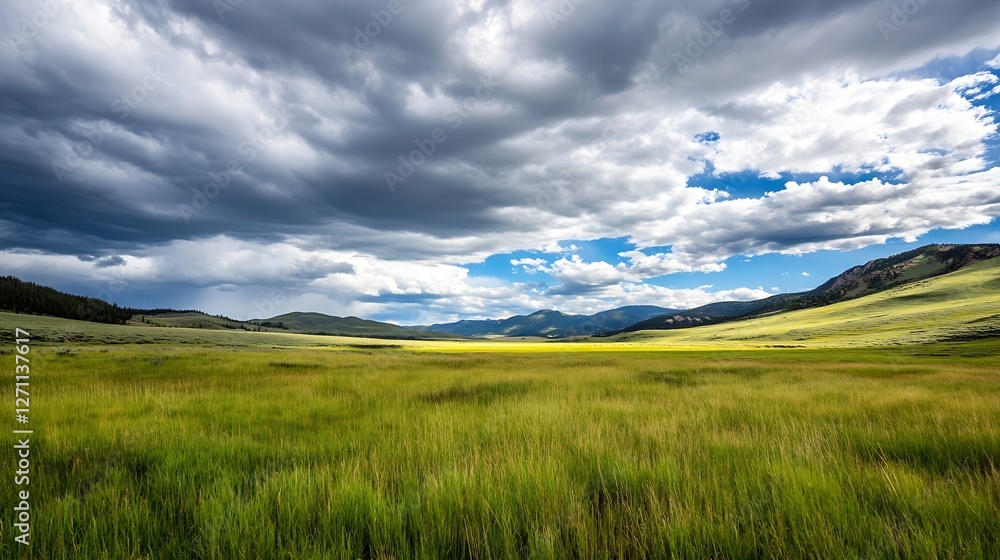 Spacious green meadow under dramatic cloudscape with sunlight breaking through blue skies : Generative AI Spacious green meadow under dramatic cloudscape with sunlight breaking through blue skies : Generative AI