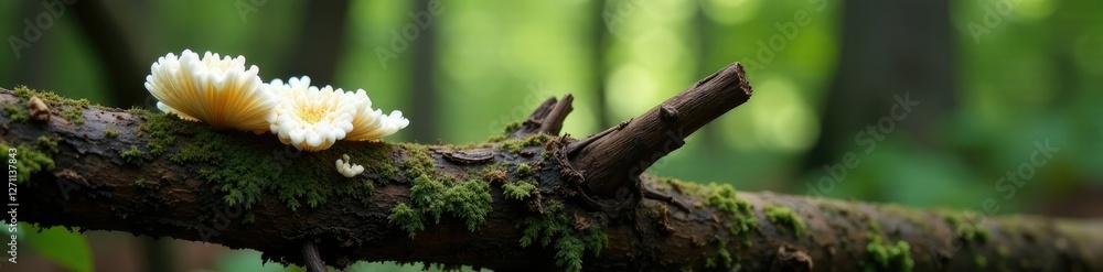 White fungal growth on a dead tree branch in the forest, forest floor, mycelium growth White fungal growth on a dead tree branch in the forest, forest floor, mycelium growth